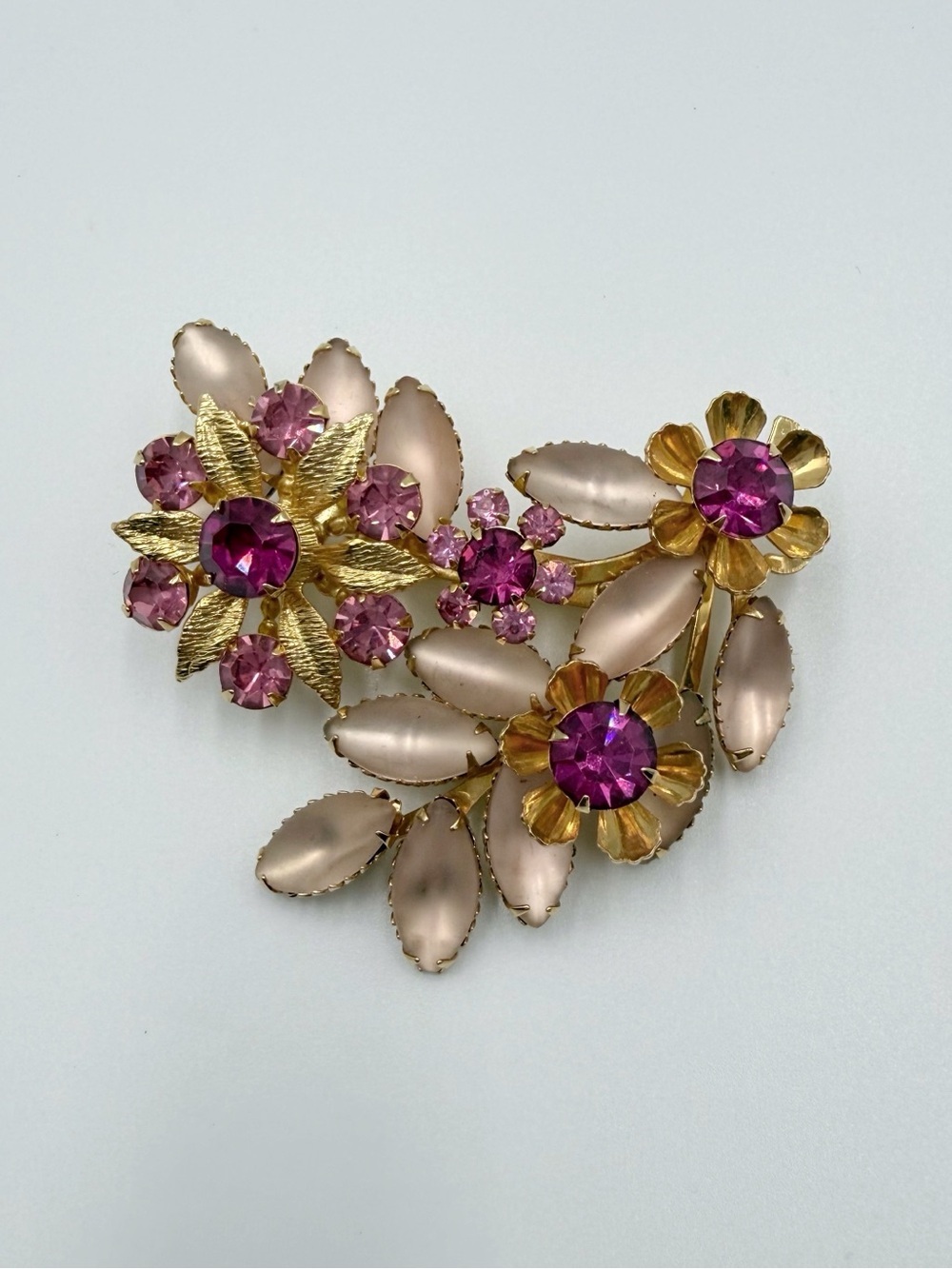 Vintage Judy Lee Pink Rhinestone & Frosted Glass Floral Brooch Pin Gold 50s 60s